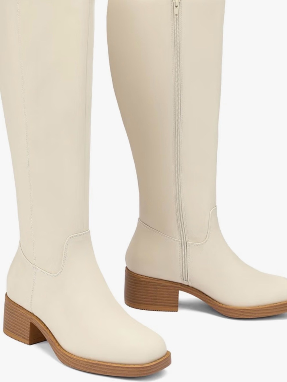 KNEE HIGH WIDE CALF BOOTS | Women's Tall Block Heel - Cream